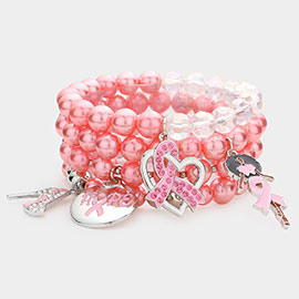 4PCS - Pink Ribbon Stiletto Heel Hope Message Afro Girl Charm Pearl Stretch Bracelets